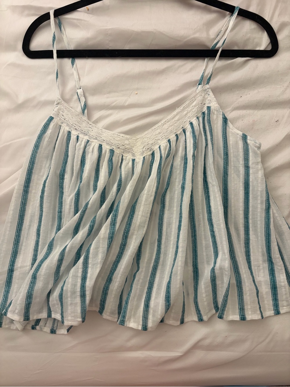 American Eagle Outfitters White and Teal Striped Lace-Trim Cami